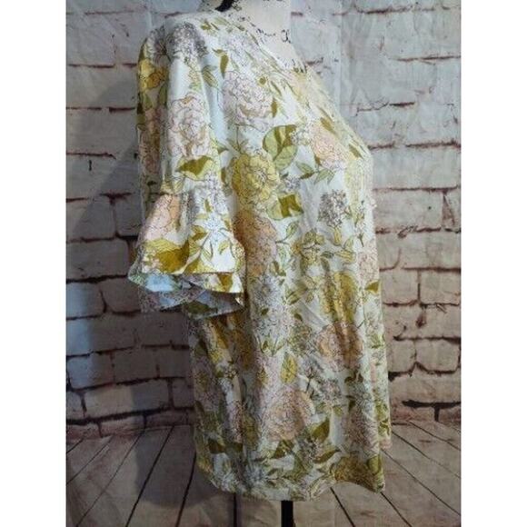 Short Sleeve Ruffle Sleeve Top Womens Large Yellow Pink Summer Muted Floral NEW - Picture 4 of 7